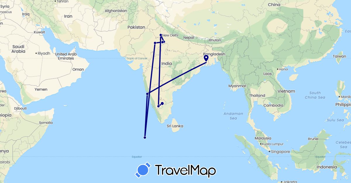 TravelMap itinerary: driving in India, Maldives (Asia)